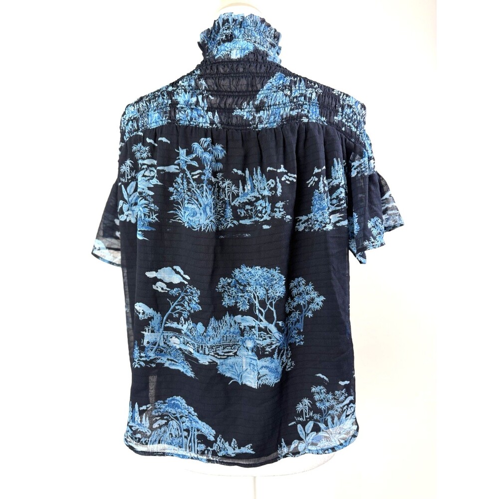 Ann Taylor Petite XSP Blue Toile Print Blouse Smocked Mock Neck Flutter Sleeve
